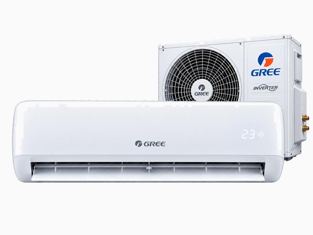 Ar condicionado Gree instalado, com unidade externa ao fundo