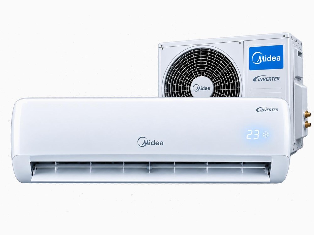 Ar condicionado Midea Inverter instalado, com unidade externa ao fundo